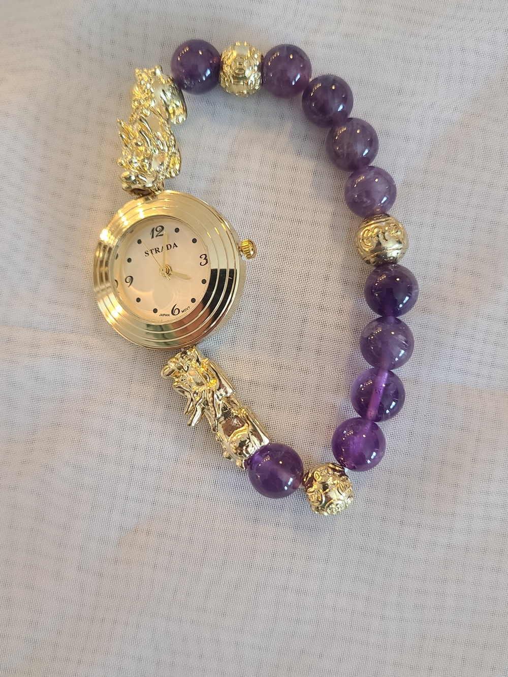 New in Box STRADA African Amethyst Japanese Movement Beaded Bracelet Watch - Picture 2 of 4